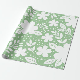 Papel De Presente Desenho Floral Branco em um Fundo Verde Suave
