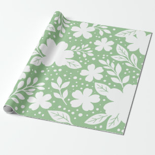 Papel De Presente Desenho Floral Branco em um Fundo Verde Suave
