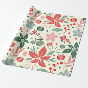 Papel De Presente Desenho Floral Brilhante com Folhas Verdes e Ponto