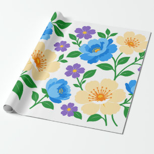 Papel De Presente Desenho Floral com Flores Azuis, Creme e Roxas