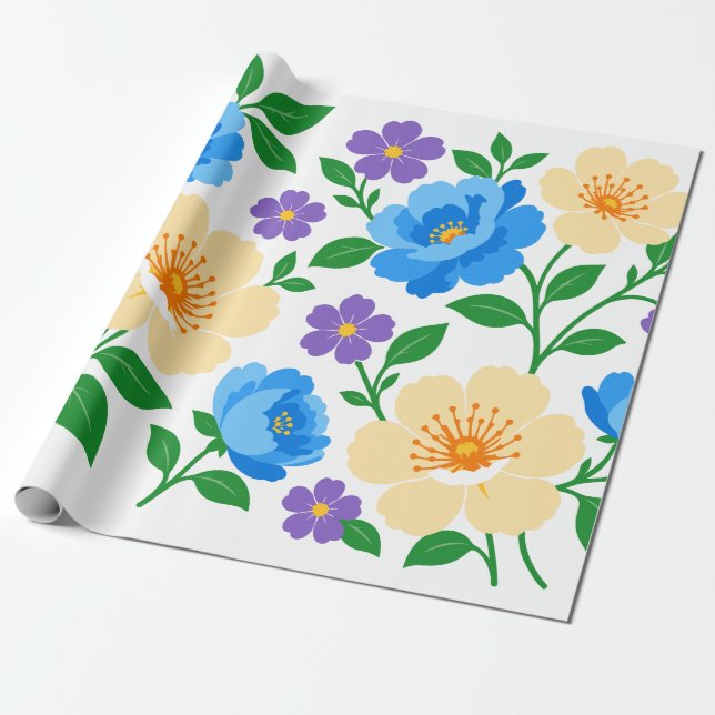 Papel De Presente Desenho Floral com Flores Azuis, Creme e Roxas (Desenrolado)