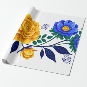 Papel De Presente Desenho Floral Elegante com Flores Douradas e Azui