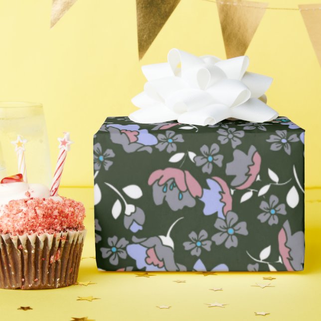 Papel De Presente Desenho Floral em Preto (Festa de aniversário)