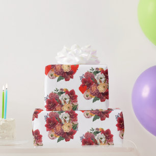Papel De Presente Desenho Floral Romântico Flor e Coração