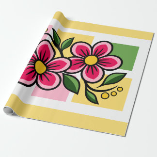 Papel De Presente Desenho Floral Rosa com Folhas Verdes