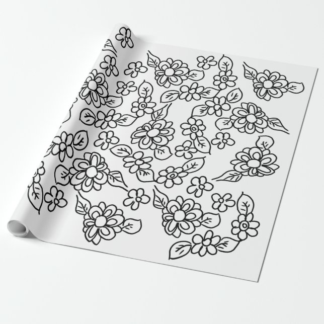 Papel De Presente Desenho floral simples, preto e branco (Desenrolado)