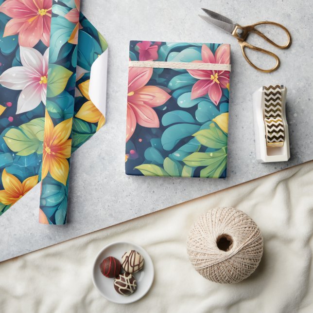 Papel De Presente Desenho Floral Tropical Lindo (Artesanato)