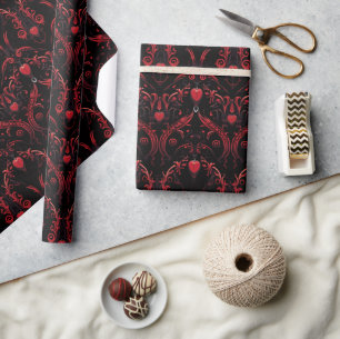 Papel De Presente Desenho Intricado Corações Vermelhos Góticos