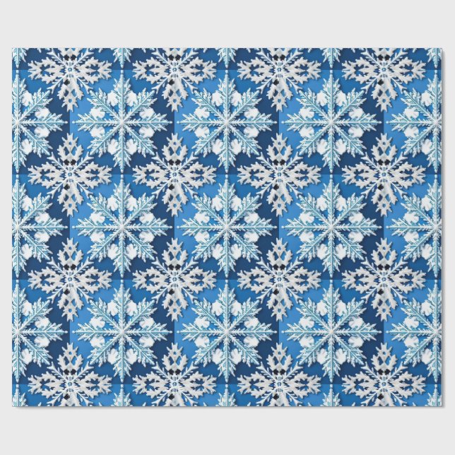 Papel De Presente Desenho Intrincado de Floco de Neve Azul (Aberto)