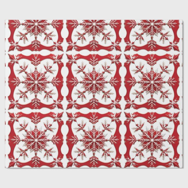 Papel De Presente Desenho Intrincado de Floco de Neve Vermelho (Aberto)
