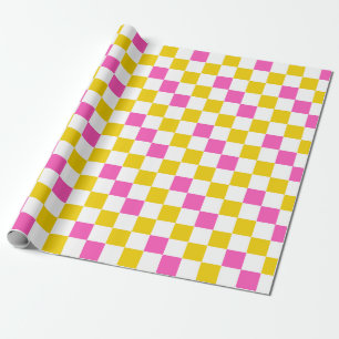 Papel De Presente Desenho Xadrez Amarelo Branco Rosa