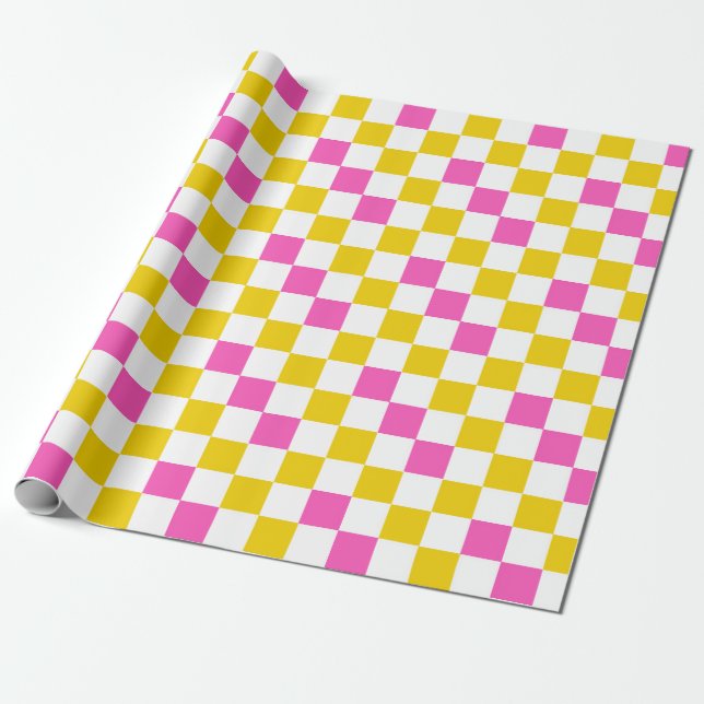 Papel De Presente Desenho Xadrez Amarelo Branco Rosa (Desenrolado)