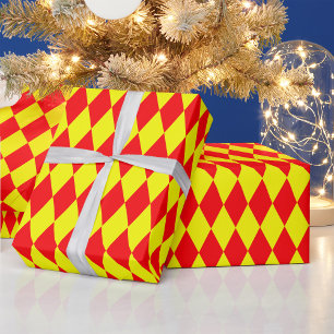 Papel De Presente Desenho Xadrez Arlequim Amarelo Vermelho
