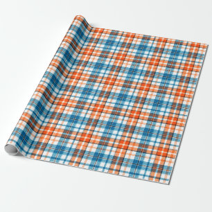Papel De Presente Desenho Xadrez Escocês Laranja Azul Branco