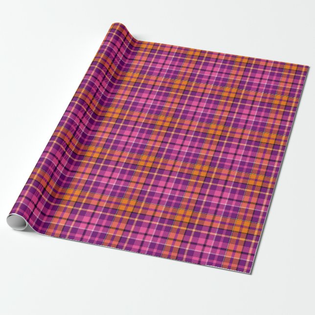 Papel De Presente Desenho Xadrez Escocês Laranja Rosa Roxo  (Desenrolado)
