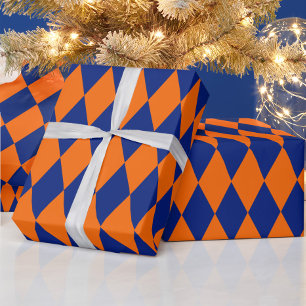 Papel De Presente Desenho Xadrez Harlequin Laranja e Azul