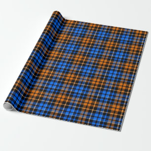 Papel De Presente Desenho Xadrez Tartan Laranja Azul Preto