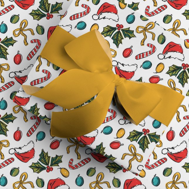 Papel De Presente Desenhos de Natal Desenhados Coloridos à Mão (Hand-drawn Christmas sketches festive holiday gift wrapping paper.)