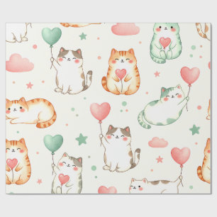 Papel De Presente Desfile de Amor Purrfeito – Gatos e Balões em Form