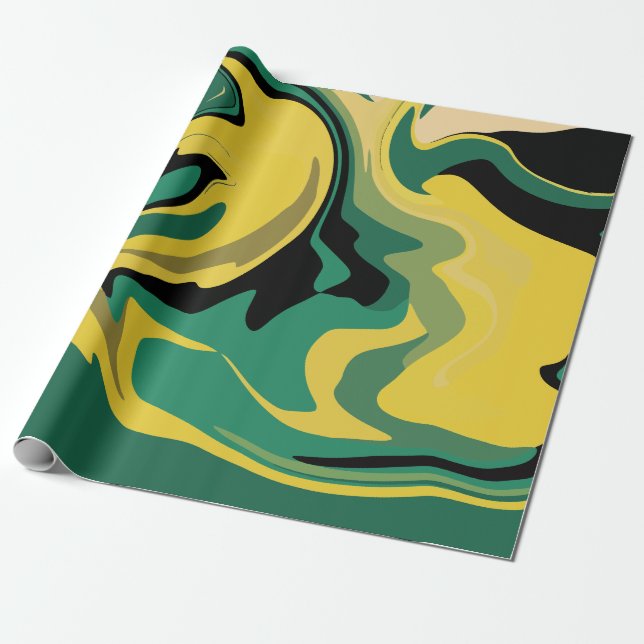 Papel De Presente Design Abstrato Fluido Verde e Amarelo (Desenrolado)