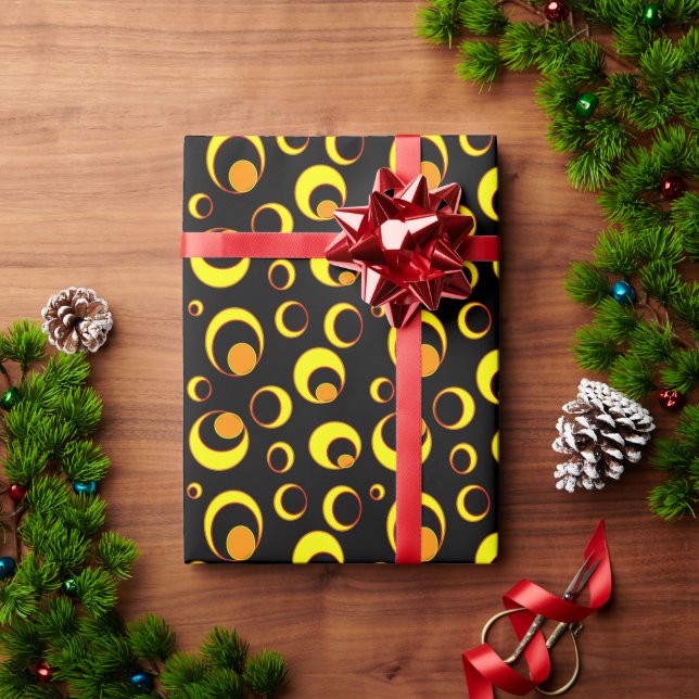 Papel De Presente Design abstrato moderno, círculos amarelos em pret (Presente de Natal)