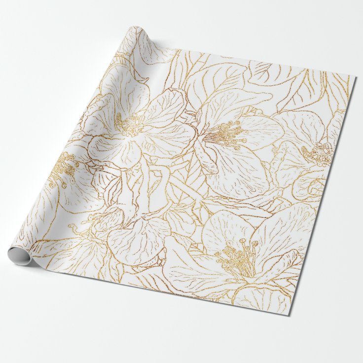 Papel De Presente Design branco das flores Douradas de cerejeira Ele |  Zazzle.com.br