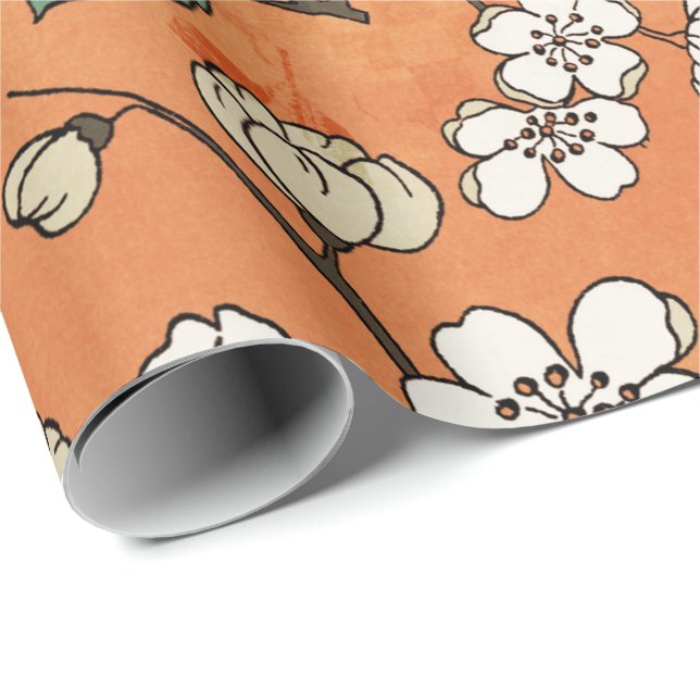 Papel De Presente Design Branco Floral Laranja (Ponta do rolo)