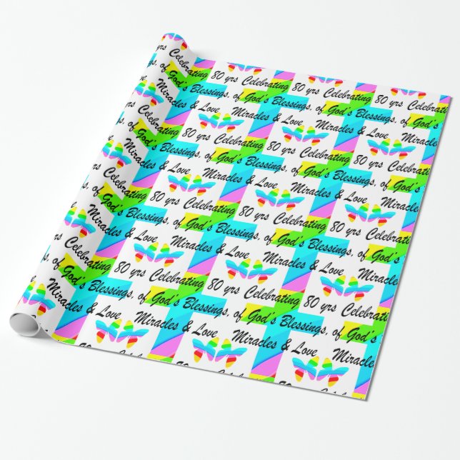 PAPEL DE PRESENTE DESIGN DE ANIVERSÁRIO DE 80 PERSONALIZADO RELIGIOS (Desenrolado)
