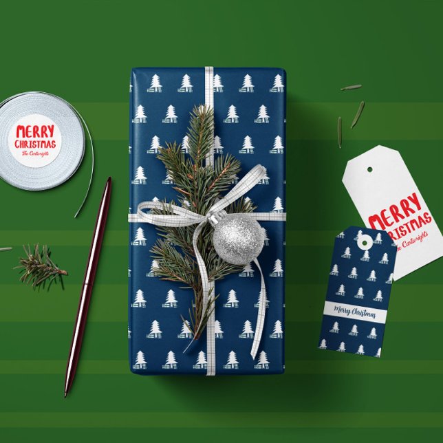 Papel De Presente Design de árvore de Natal azul escuro e branco (Criador carregado)