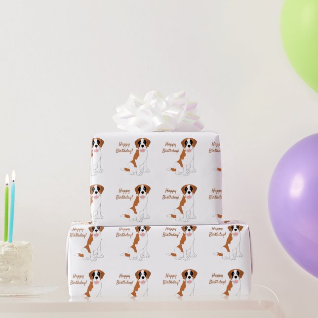 Papel De Presente Design de Cachorro São Bernardo de Aniversário (Presentes para festas)