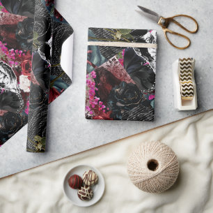 Papel De Presente Design de Colagem Goth Florais Rosa Vermelha Preta