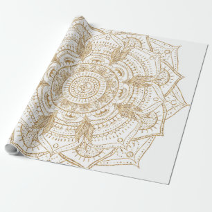 Papel De Presente Design de Desenho de Mão de Mandala Branco e Dour