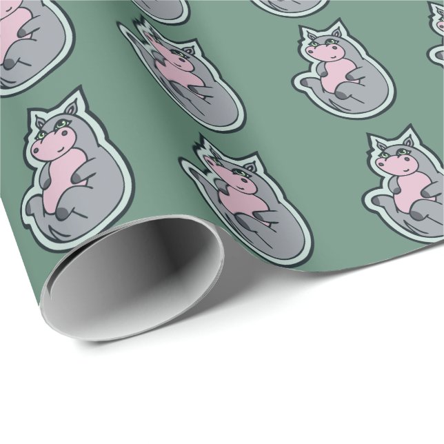 Papel De Presente Design de Desenho Teal de Hippo da Cinza (Ponta do rolo)