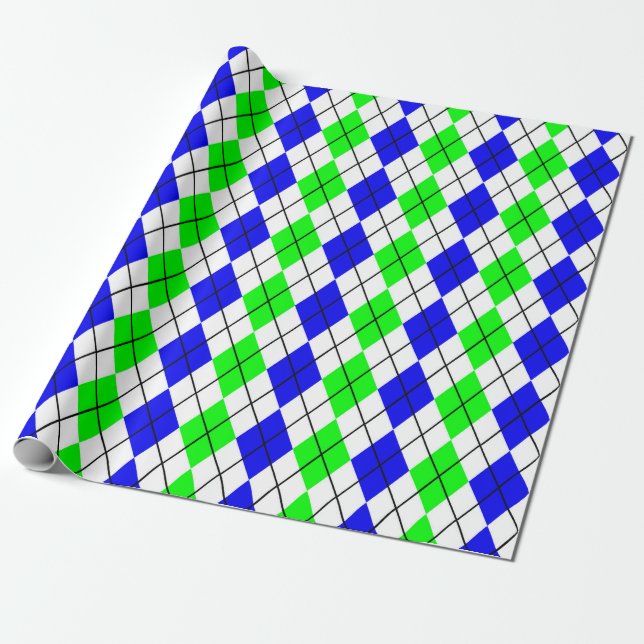 Papel De Presente Design de Diamante de Argyle Branco Verde Azul (Desenrolado)