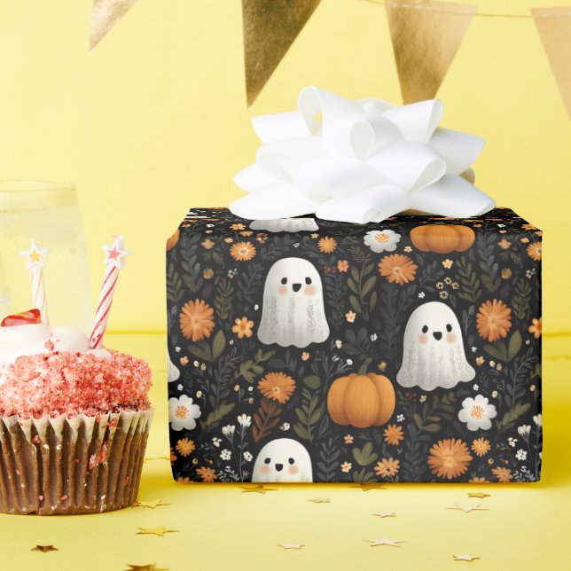 Papel De Presente Design de Fantasmas e Pumpkins Cute do Halloween (Festa de aniversário)