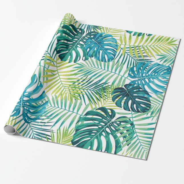 Papel De Presente Design de folha tropical com palma verde/azul e (Desenrolado)