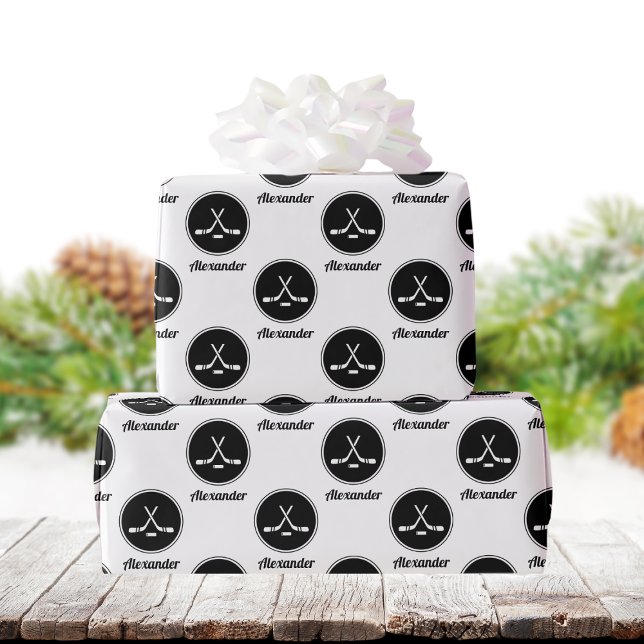 Papel De Presente Design de Hockey Black & White Classy Boys Nome Es (Criador carregado)