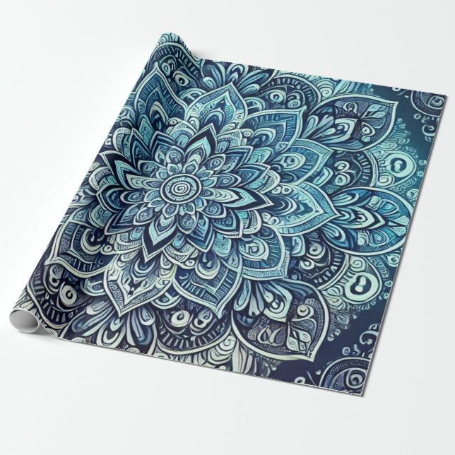 Papel De Presente Design de Mandala Gradiente Azul (Desenrolado)
