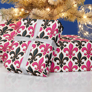 Papel De Presente Design de padrão Barroco Flor-de-lis Preto Rosa