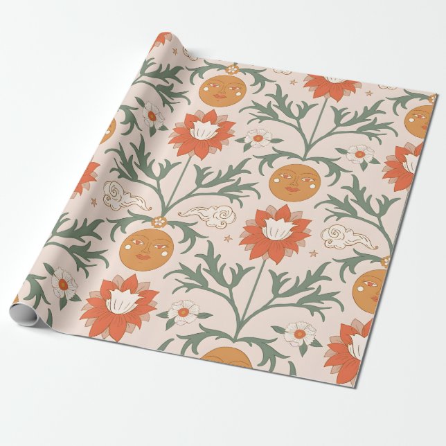 Papel De Presente Design de padrão contínuo de explosão solar floral (Desenrolado)