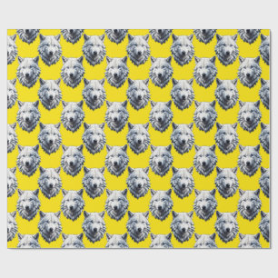 Papel De Presente Design de padrão de cabeça de lobo branco amarelo