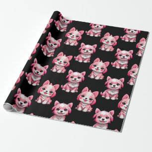 Papel De Presente Design de Padrão de Cachorro Rosa - Preto