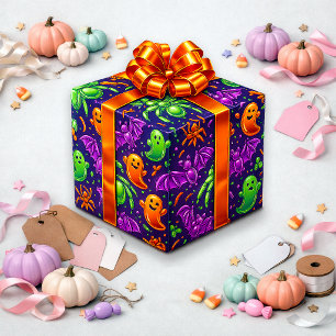 Papel De Presente Design de padrão de fantasma de Halloween Neon div