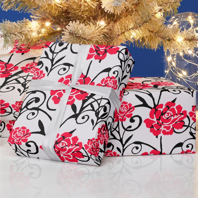 Papel De Presente Design de Padrão de Ilustração Floral da rosa verm (Criador carregado)