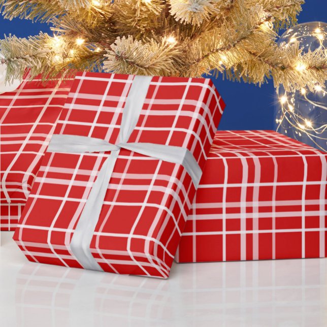Papel De Presente Design de Padrão de Xadrez do Tartan Branco Vermel (Criador carregado)
