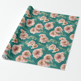 Papel De Presente Design de Padrão Floral Teal, Rosa Vintage