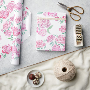 Papel De Presente Design de Peônias Rosa em Aquarela