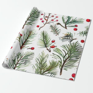 Papel De Presente Design de pinheiro vermelho de Natal e Berries