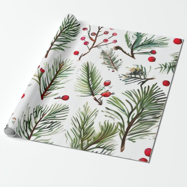 Papel De Presente Design de pinheiro vermelho de Natal e Berries (Desenrolado)