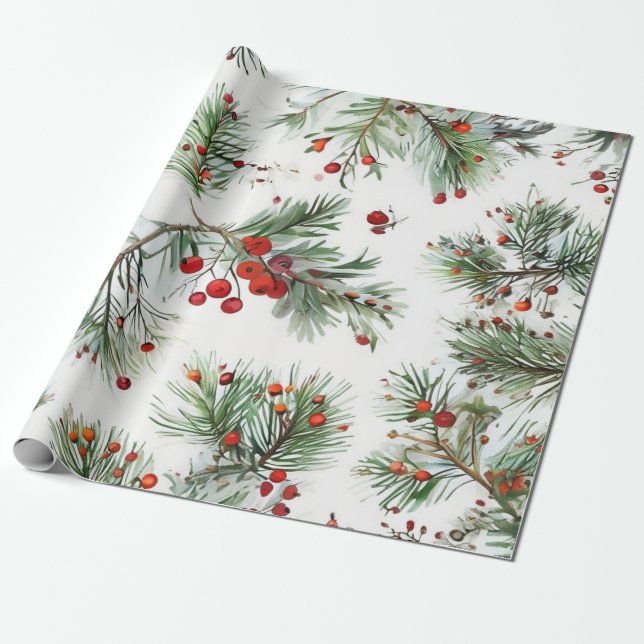 Papel De Presente Design de pinheiro vermelho de Natal e Berries (Desenrolado)